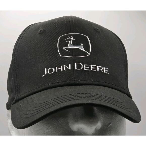 Genuine John Deere Black Strapback Hat‎ Chrome Logo Trucker Cap Farm Tractor - Picture 1 of 9
